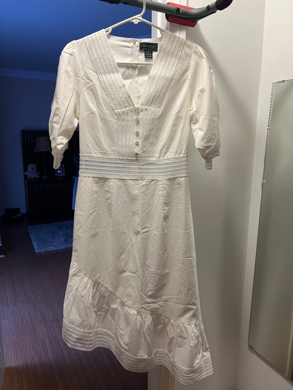 Gracia White Asymmetrical Eyelet V-Neck Midi Dress